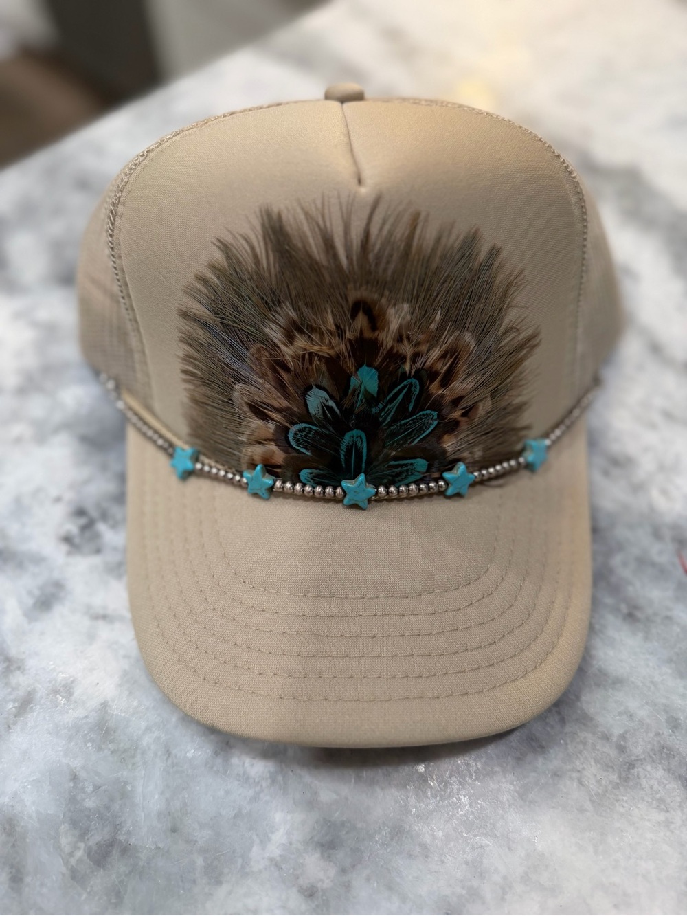 OTTO Beige Hat with Brown Feather and Turquoise Star Accents